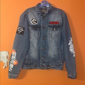 Vintage Brooklyn Denim Jacket with Embroidered Patches Survival of the fittest S